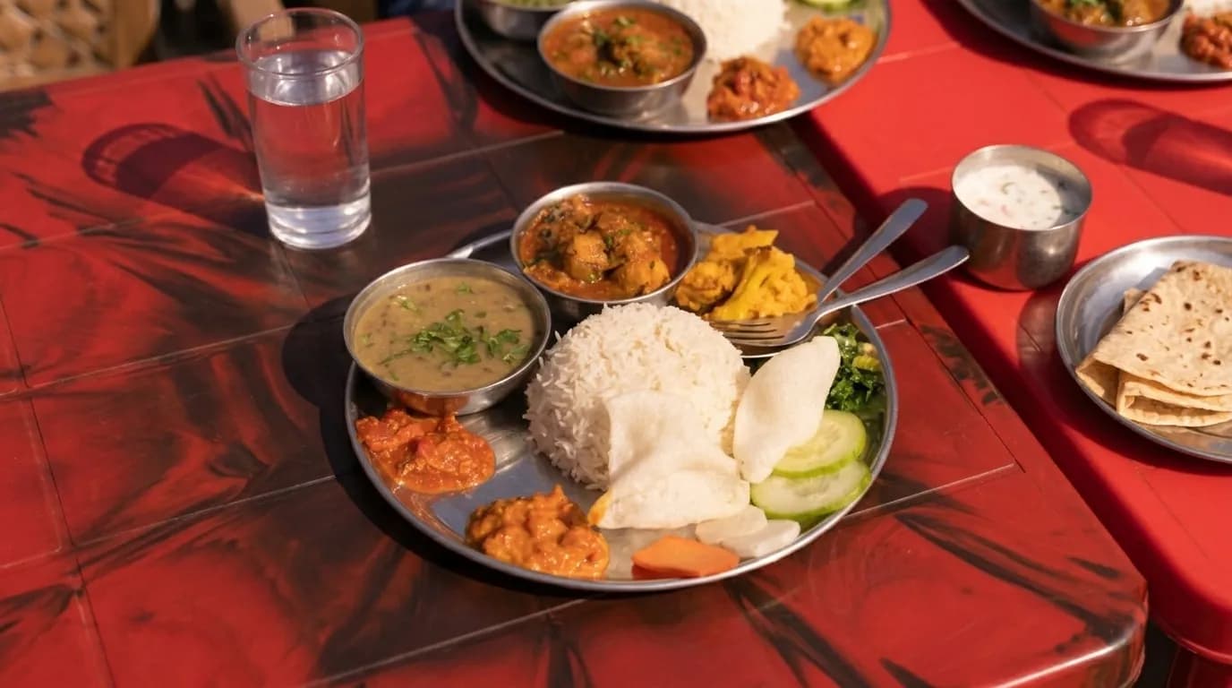 Homemade Nepali lunch thali served at Suping Gorge Camp